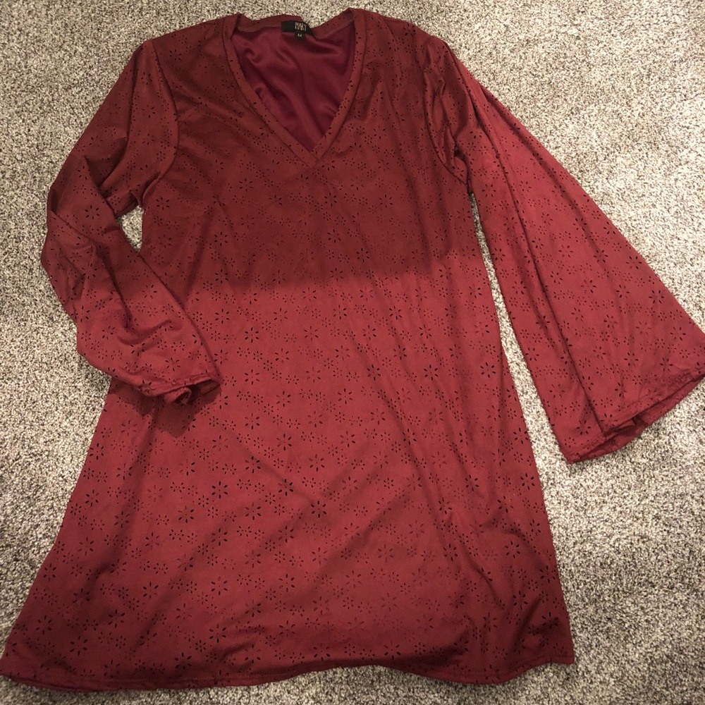 red long sleeve dress with flowy sleeves
